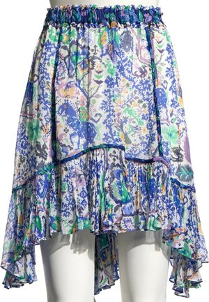Jupe fleurie asymétrique avec ourlet à volants, taille élastique et un mélange de bleu, vert, violet et jaune sur un tissu léger.