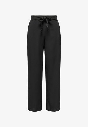 Crne hlače širokih nogavica izrađene od meke, teksturirane tkanine. Imaju vezani pojas i glatki, lepršavi dizajn bez džepova.