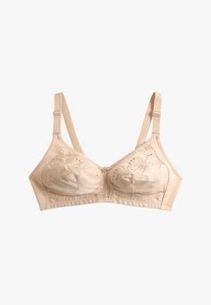 Beige bh med bløde skåle og justerbare stropper, blomsterbroderi på skålene, blondekant langs kanterne og en lille dekorativ sløjfe i midten.