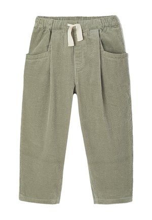 Green corduroy pants with elastic waistband and white drawstring, featuring two front pockets and loose straight legs.