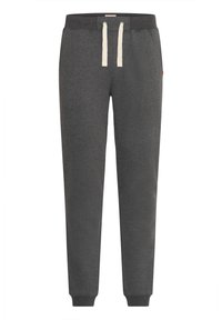 Grå sweatpants lavet af blødt stof, med en snor i livet med cremefarvede spidser, elastisk talje og tapered ben design.
