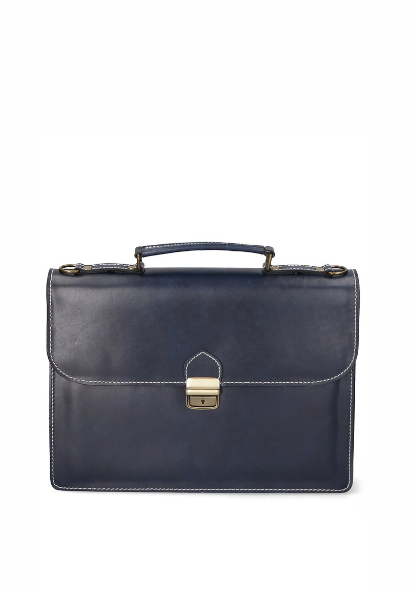 Porte-documents en cuir bleu marine avec une poignée supérieure, une serrure en laiton et des coutures blanches. Forme rectangulaire classique avec une texture lisse.