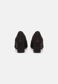Chaussures à talons blocs en daim noir avec un dos fermé et un bout effilé. Texture lisse et design simple. Pas de matériel ou d'accents visibles.