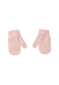 Manoplas de lana rosas con puños acanalados. Textura suave, forma redondeada, sección del pulgar separada del cuerpo principal.