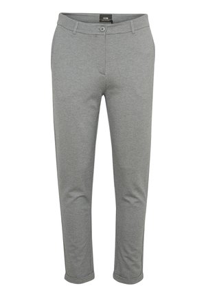 Grå sweatpants i ett mjukt tyg, med knäppning, två framfickor och rak bendesign med fållade muddar.