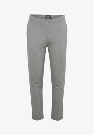 Pantaloni della tuta grigi in un tessuto morbido, caratterizzati da una chiusura con bottone, due tasche frontali e un design a gamba dritta con orli finiti.