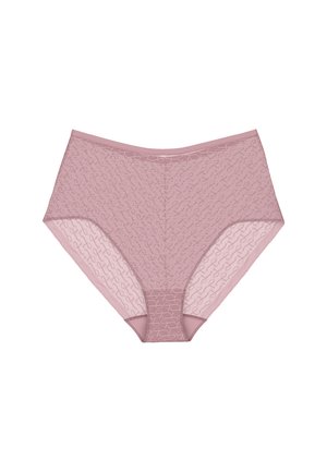 High-waisted, light pink mesh panties with an intricate pattern; smooth fabric with a soft waistband and opaque detailing at the center.