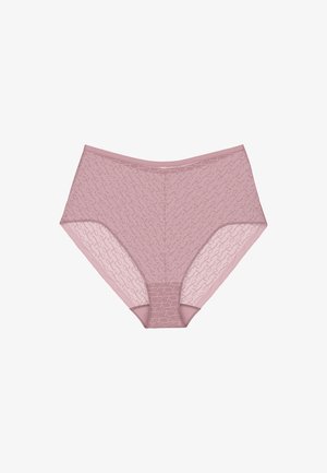 Bokserki z wysokim stanem, w jasnoróżowym kolorze z siateczki, z misternym wzorem; gładki materiał z miękkim pasem i nieprzezroczystymi detalami na środku.