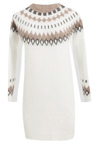 Robe tricotée blanche avec un col rond, présentant un motif géométrique en marron, gris et noir. Texture douce, manches longues et coupe décontractée.