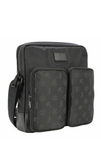 Borsa a tracolla nera con due tasche anteriori con zip. Presenta un tessuto lucido, un'etichetta con il logo e un motivo floreale a tono sui lati. Tracolla regolabile.