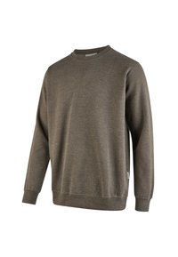 Brown sweatshirt featuring a crew neck, long sleeves, ribbed cuffs, and a subtle logo on the chest, made from soft, textured fabric.