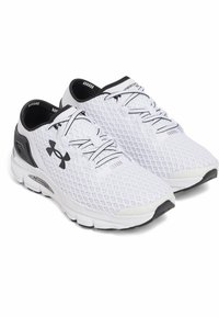 White athletic shoes made of mesh fabric with black accents. Features a padded collar, lace-up design, and textured rubber sole for grip.