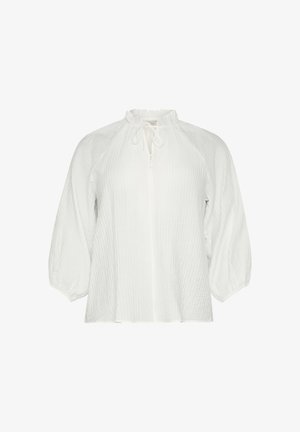 Biela blúzka s textúrovanou, pokrčenou tkaninou. Má vysoký golier so zaväzovaním a mierne zvrásnené rukávy. Jednoduché zapínanie na gombíky.