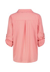 Light pink striped shirt with a collared neckline, rolled sleeves, and a subtly pleated back. Soft fabric with smooth texture.
