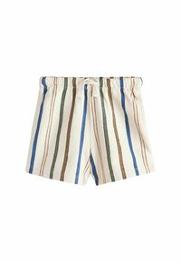 Katoenen shorts met verticale strepen in blauw, groen, bruin en roze. Elastische tailleband met trekkoord, zachte stoftextuur, casual ontwerp.