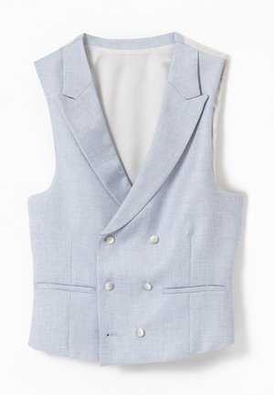 Chaleco cruzado gris claro con solapas con muescas, seis botones y dos bolsillos delanteros de ojal, mostrado plano sobre un fondo blanco.