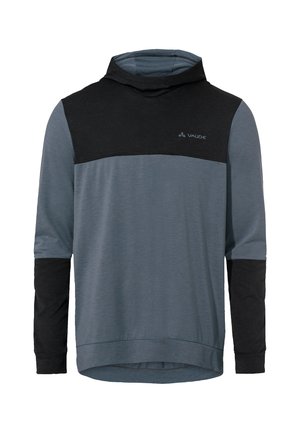 Kapuzensweatshirt mit blauem Körper und schwarzen Ärmeln, mit einem Logo auf der Brust, aus weichem Stoff und entspannter Passform.