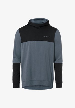 Kapuzensweatshirt mit blauem Körper und schwarzen Ärmeln, mit einem Logo auf der Brust, aus weichem Stoff und entspannter Passform.