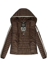 Doudoune marron avec capuche, texture matelassée, fermeture éclair, bandes latérales blanches contrastées et étiquette intérieure décorative.