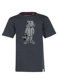 T-paita tummanharmaasta puuvillasta, jossa on graafinen kuva sarjakuvamaisesta eläimestä, joka pitää päässään kuulokkeita ja pitää käsissään vinyylilevyä. Lyhyet hihat, pyöreä pääntie.