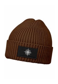 Brown knitted beanie with ribbed texture, featuring a black rectangular patch with a white compass design.
