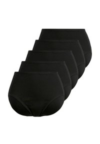 Melnas kokvilnas augsta vidukļa apakšbikses ar rievotu tekstūru, elastīgu jostu un pilnu segumu, sakārtotas rindā.