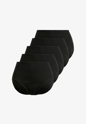 Schwarze Baumwollunterwäsche mit hoher Taille, mit geripptem Muster, elastischem Bund und vollflächigem Design, in einer Reihe angeordnet.