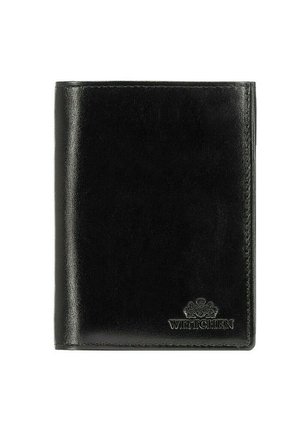 Portefeuille en cuir noir avec une finition brillante, présentant des détails de couture et un logo embossé dans le coin inférieur droit. Forme compacte et rectangulaire.