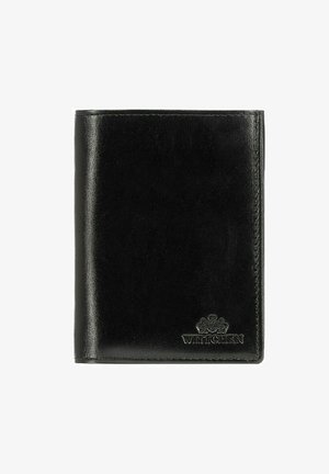 Black leather wallet with a glossy finish, featuring stitching details and an embossed logo on the lower right corner. Compact, rectangular shape.