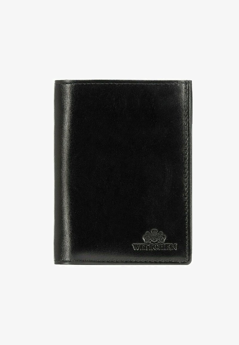 Zwarte leren portemonnee met een glanzende afwerking, voorzien van stikseldetails en een reliëflogo in de rechterbenedenhoek. Compacte, rechthoekige vorm.