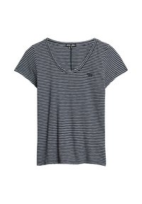 Marineblå og hvide vandrette stribede kortærmede T-shirt med V-udskæring og lille logo på venstre bryst.