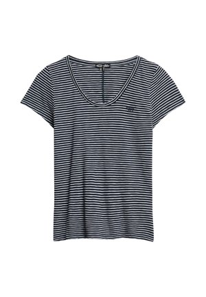 Navyblauw-wit horizontaal gestreept T-shirt met korte mouwen, een V-hals en een klein logo op de linkerborst.