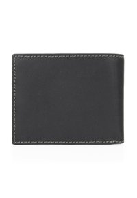 Billetera de cuero negro con una textura suave, presenta costuras contrastantes a lo largo de los bordes y un diseño rectangular simple.