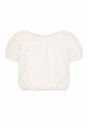 Blusa bianca a maniche corte in pizzo sangallo con maniche a sbuffo e orlo elasticizzato, caratterizzata da motivi floreali ritagliati.