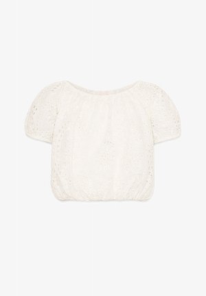 Blusa blanca de encaje perforado de manga corta con mangas abullonadas y dobladillo elástico, con patrones florales recortados.
