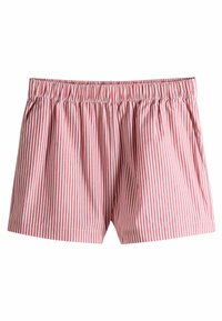 Pantaloni corti a righe rosse e bianche con vita elastica, caratterizzati da una vestibilità ampia e da un tessuto morbido, adatti per un abbigliamento casual.