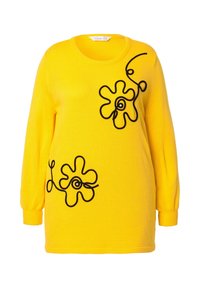 Gelber, gestrickter Pullover mit langen Ärmeln, der mit schwarzer Blumenstickerei und geschwungenen Linien verziert ist. Rundhalskragen und gerippte Bündchen.