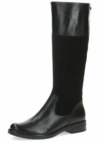 Black knee-high boots featuring a polished leather upper with a matte suede panel. Rounded toe, low block heel, and sleek silhouette.