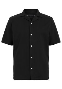 Black short-sleeved shirt made of lightweight cotton, featuring a classic collar, five white buttons, and a subtle embroidered logo on the chest.