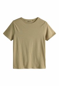Kortærmet T-shirt med rund hals i lys khaki. Lavet af blød stof med en glat tekstur. Har en lige kant og minimale syningdetaljer.