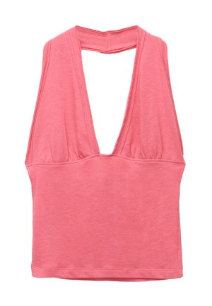 Roze mouwloos topje met een diepe V-hals, zachte stof, een relaxte pasvorm en een lage rugontwerp. Heeft geplooide naden op de schouders.