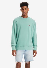 Lichtgroene sweatshirt gemaakt van zachte stof met geribbelde manchetten en zoom, met een klein rood logo op de borst. Gecombineerd met denim shorts.