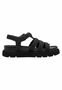 Black sandals featuring woven fabric straps, a flat sole, and a textured rubber outsole, designed for comfort and durability.