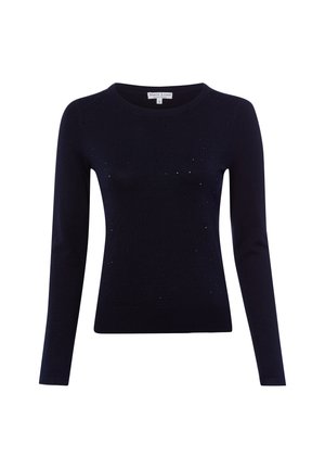 Marineblauwe trui met lange mouwen, een ronde halslijn en subtiele kleine glinsterende versieringen aan de voorkant.