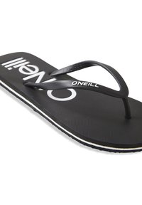 Mustad musta flip-flop, millel on tekstureeritud kummist talla, õhukesed rihmad ja silmatorkav valge "O'Neill" logo jalatoe peal. Valged ja mustad külgaktsendid.