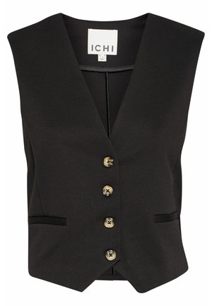 Gilet sans manches noir avec encolure en V, doté de cinq boutons dorés et de deux poches latérales. Fabriqué en tissu texturé, coupe structurée.