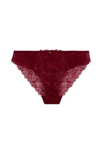 Culottes en dentelle bordeaux avec un motif floral, des bords festonnés et un petit accent métallique à l'avant. Texture douce et transparente.