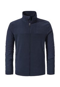 Marineblaues Zip-Up-Jackett mit hochgeschlossenem Kragen, strukturierten Einsätzen und Seitentaschen. Hergestellt aus weichem, dehnbarem Material. Sauberes Design und taillierte Passform.