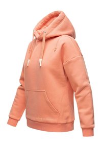 Coral sweatshirt with a hood, kangaroo pocket, and ribbed cuffs. Made of soft fabric with drawstrings and textured interior lining.