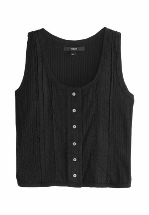 Fekete ujjatlan gombos felső texturált függőleges csíkokkal és csipke részletekkel, kerek nyakkivágással, a „NEXT” márkajelzéssel a gallér belsejében.